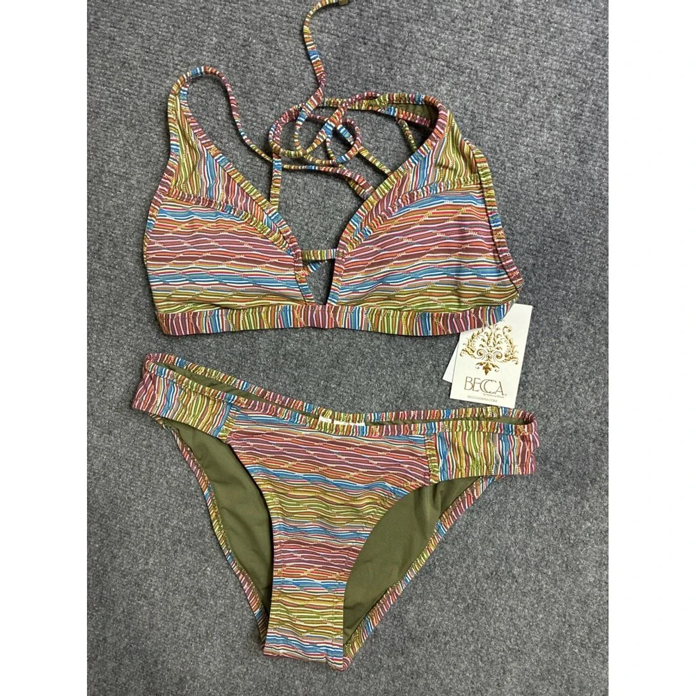BECCA by Rebecca Virtue Adela Striped Bikini Set Multi Color Medium NWT